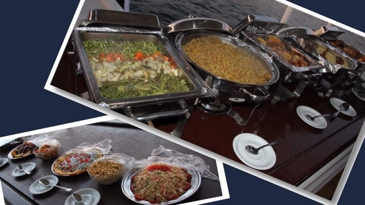 クルーズ船で提供されたビュッフェの画像。野菜やお米、サラダや豆など多種多様なエジプト料理が並ぶ。