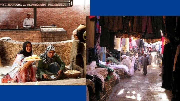 エジプトでパンを作る女性とスーク（市場）