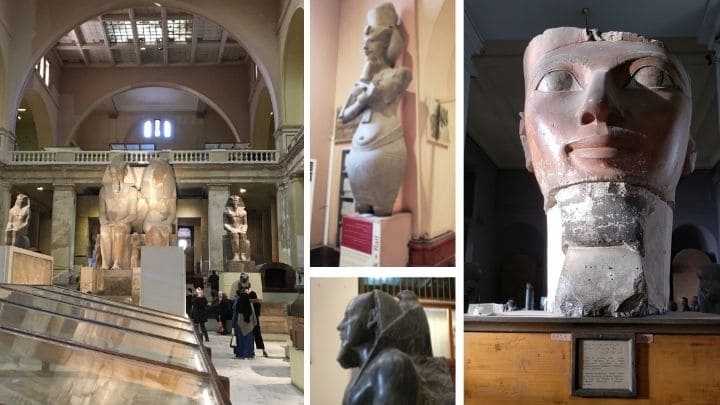 エジプト考古学博物館の展示物ハトシェプスト女王、歴代ファラオの像、ホルス神に守られるファラオ像