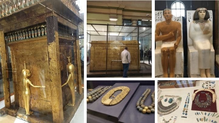 エジプト考古学博物館展示物、ツタンカーメンの出土品、黄金の棺、副葬品のアクセサリー等