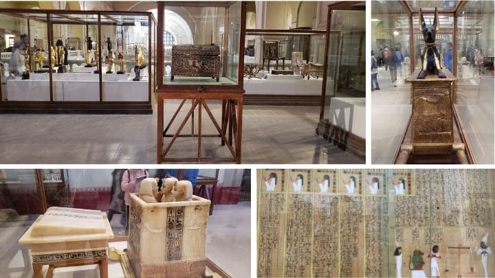 エジプト考古学博物館、ツタンカーメン王の出土品、黄金の椅子、アクセサリーなどの副葬品、内臓を入れるカノプス壺、アヌビス神、パピルス