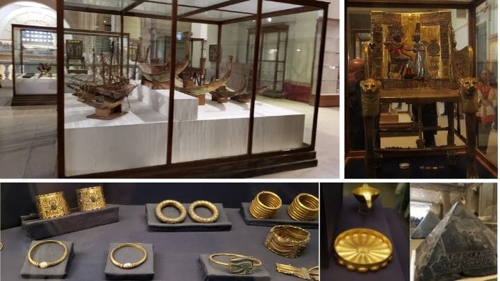 エジプト考古学博物館、ツタンカーメン王の出土品、黄金の椅子、アクセサリーなどの副葬品、黄金の船