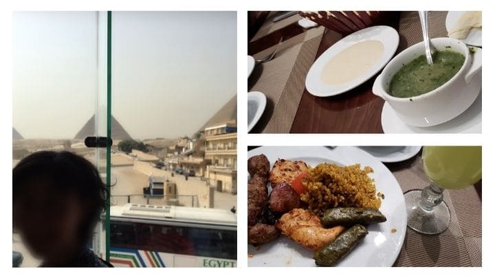 レストラン「ABOU SHAKRA」店内と当日食べたエジプト料。モロヘイヤスープとタヒーナ、コフタ、ケバブ、マハシ